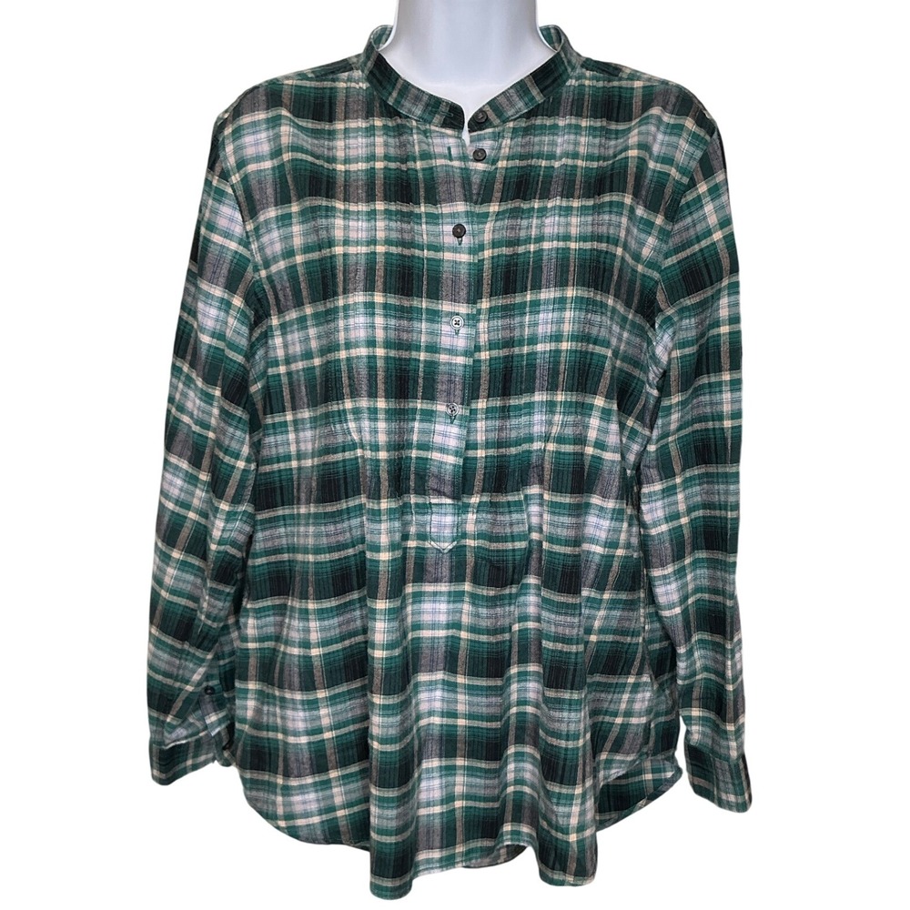 Lands End Womens Green Plaid Tunic Shirt Sz 14P Preppy Coastal Outdoorsy Cozy